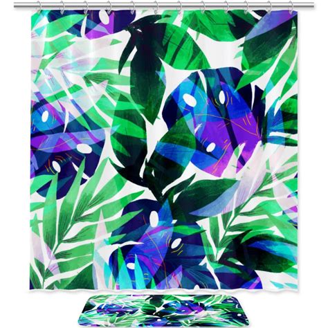 Ownni Green Tropical Leaf Pattern Pongee Shower Curtain Set With