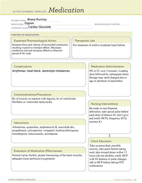 Digoxin Ati Medication Template