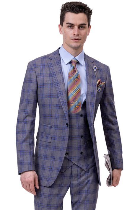 Modern Men S One Button Vested Suit Grey And Navy Blue Windowpane Pla