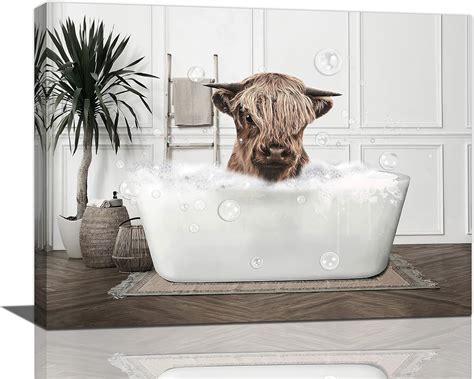 Funny Highland Cow Bathroom Wall Art Farmhouse Black And