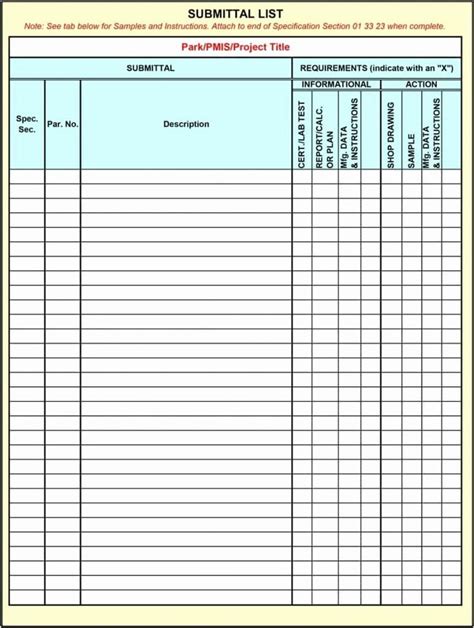 Submittal Log Template Excel