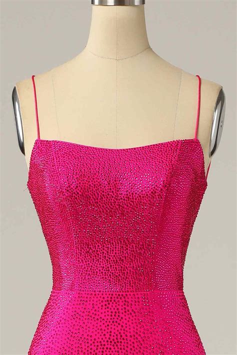 Fuchsia Mermaid Scoop Neck Satin Rhinestone Lace Up Back Long Prom Dre