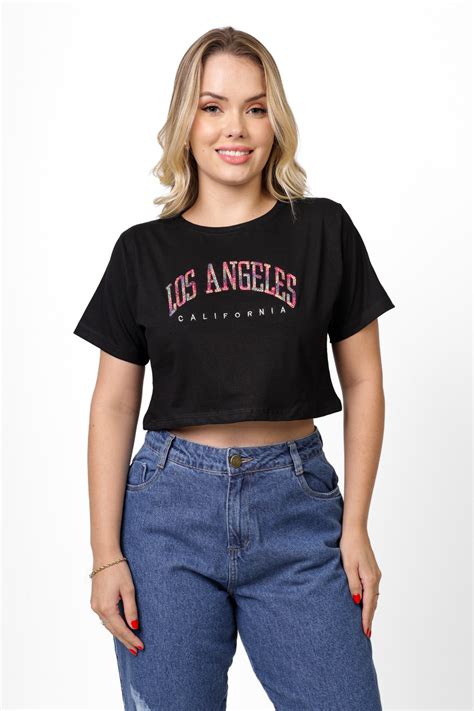 CROPPED LOS ANGELES CALIFORNIA BORDADO LANTEJOULA PRETO Atacado