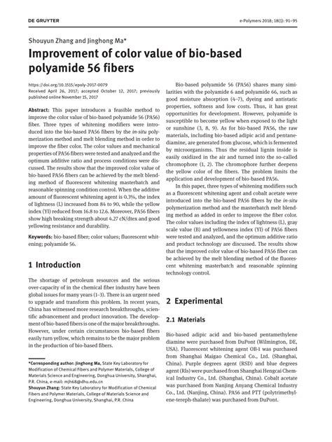 PDF Improvement Of Color Value Of Bio Based Polyamide 56 Fibers