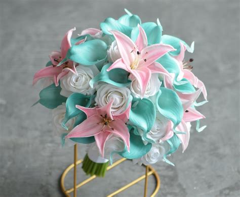 Spa Blue And Pink Bride Bouquet Real Touch Turquoise Calla Lilies