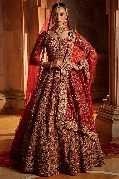 Deep Red Raw Silk Dabka Embroidered Bridal Bridal Lehenga Set By Nitika