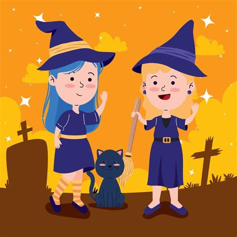 halloween witches with cat 12592896 Vector Art at Vecteezy