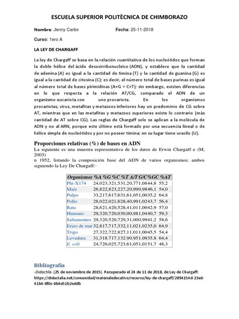 Ley De Chargaff Y Proporciones De Bases En Adn Pdf Adn Nucleótidos