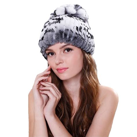 Real Rex Rabbit Fur Hats With Silver Fox Fur Top Fur Trim Flower Stripe