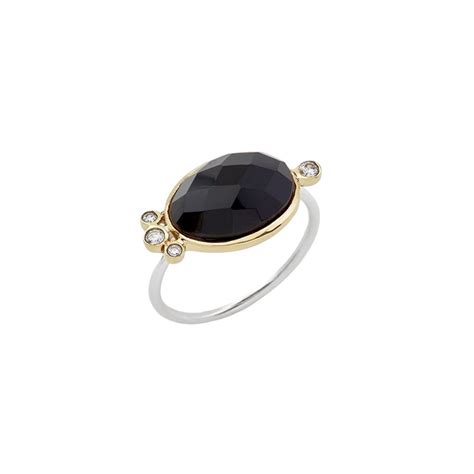 Bague Argent doré LEONISSE Cabochon Onyx noir ovale Zircons ronds