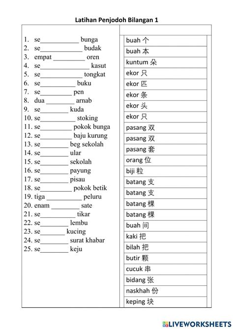 Latihan Penjodoh Bilangan 1a Worksheet Live Worksheets