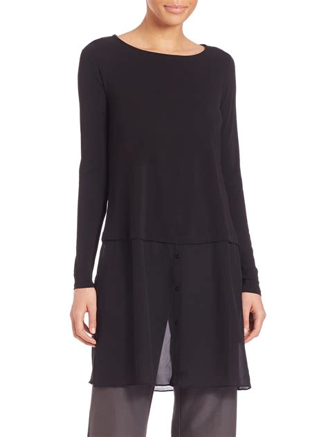 Eileen Fisher Sheer Double Layer Silk Tunic In Black Lyst