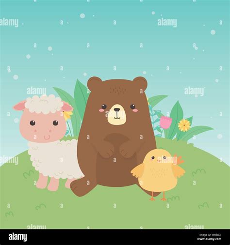 Cute Bear And Sheep And Chick Animals Farm Characters Vector