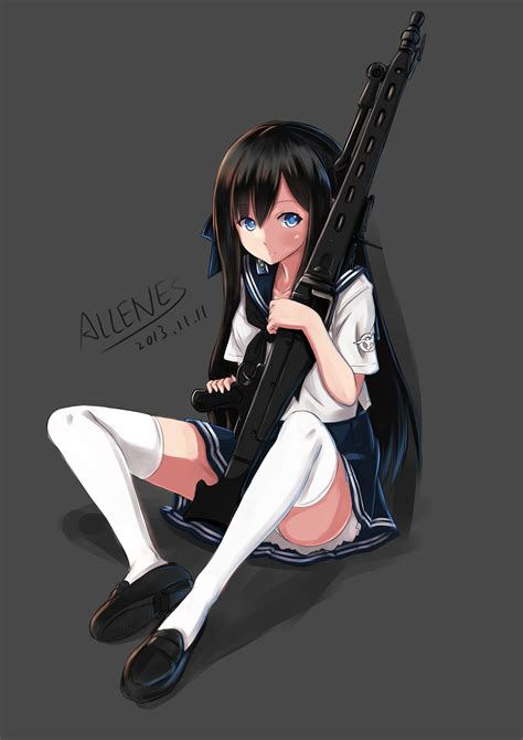 Safebooru 1girl Absurdres Allenes Black Hair Blue Eyes Gun Hair