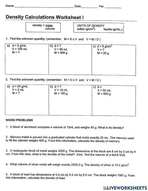 Density Calculations Worksheet I Word Problems PDF Worksheets Library