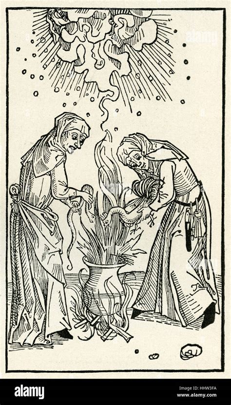 Witches Brewing A Spell In A Cauldron Woodcut C 1508 From De Lamiis