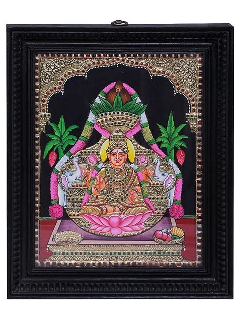 Goddess Gajalakshmi Tanjore Painting With Teakwood Frame Traditional