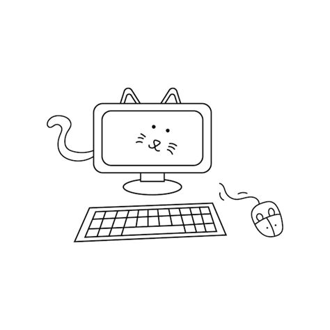 Premium Vector | Hand drawn Kids drawing style funny cute computer cat ...