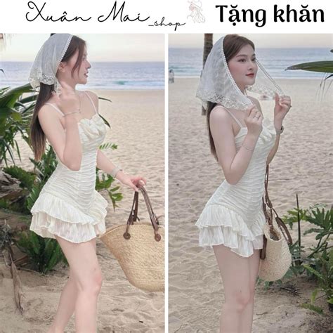 Đồ bơi 1 mảnh sẵn mút 2 dây nơ ngực quần bèo chất xốp bodysuit monokini bikini đồ đi biển kèm