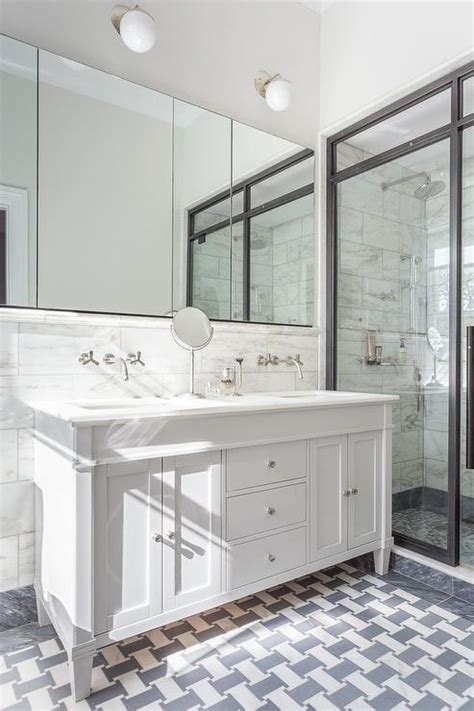 White And Gray Marble Tiled Floors Transitional Bathroom