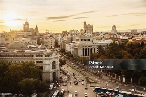 Madrid City Centre From Above At Sunset Stock Photo Download Image