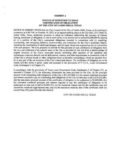 Notice Of Intent To Issue Certificates Of Obligation Caddo Mills TX