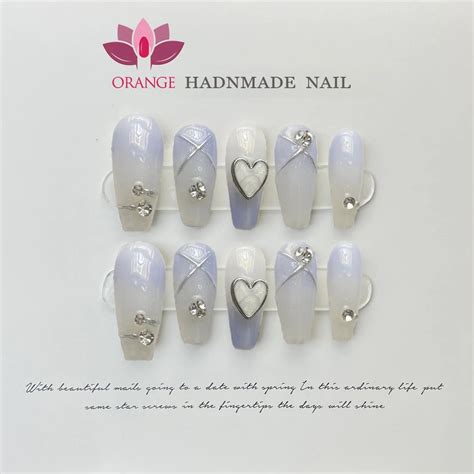 Handmade Wedding False Nails Medium Length Press On Nails With Designed Full Cover Coffin