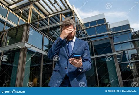 Frustrated Businessman Hold Smartphone Confused Man Boss Has