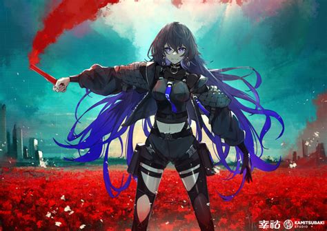 The Big Imageboard Tbib 1girl Black Gloves Black Thighhighs Blue Hair Breasts Choker