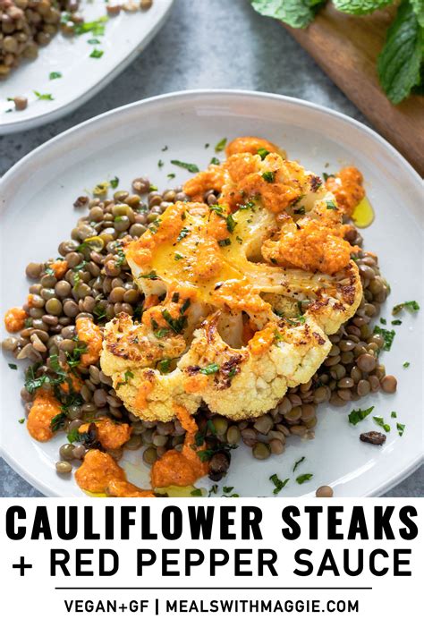 Cauliflower Steaks And Red Pepper Sauce On A White Plate