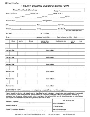 Fillable Online H Ffa Breeding Livestock Entry Form Utah State