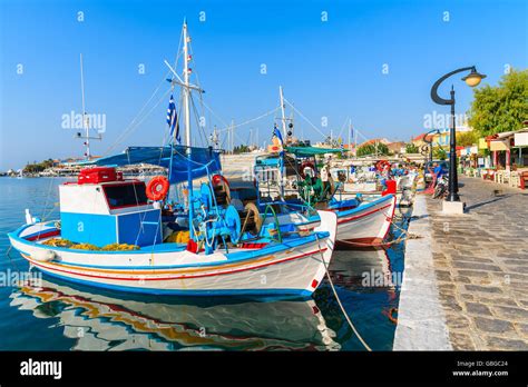 Traditional Colourful Greek Fishing Boats In Pythagorion Port Samos