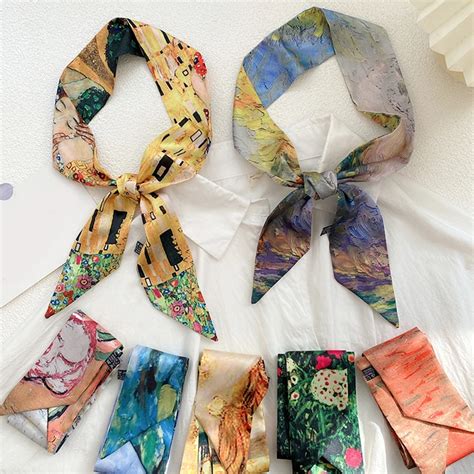 Fashion Narrow Silk Scarf Oil Painting Scarves Long Small Streamer