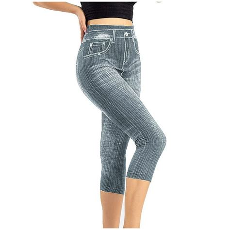 Womens Capris Imitation Jeans Leggings High Waist Elastic Leggings