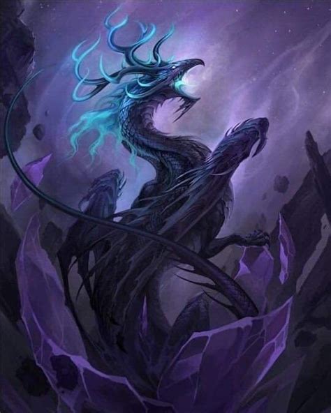 A Black Dragon With Blue Eyes Sitting On Top Of A Purple Rock Covered