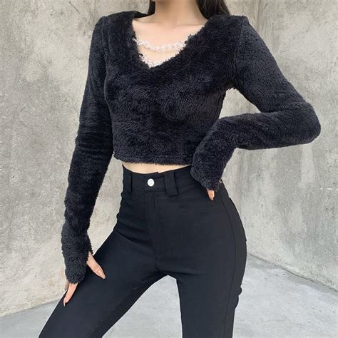 Womens Gothic V Neck Faux Fur Sweaters With Chains Gothic Crop Tops