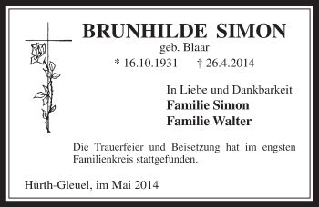 Traueranzeigen Von Brunhilde Simon Wirtrauern