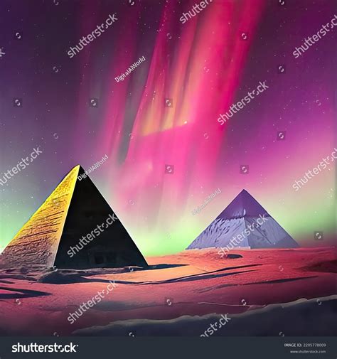 Egyptian Pyramids During Aurora Borealis Stock Illustration 2205778009