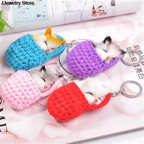 1X Cute Sleeping Cat Pompom Keychains For Women Girls Handmade Woven