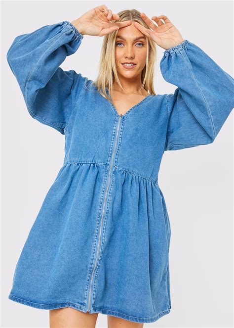 In The Style Light Blue V Neck Denim Dress Matalan