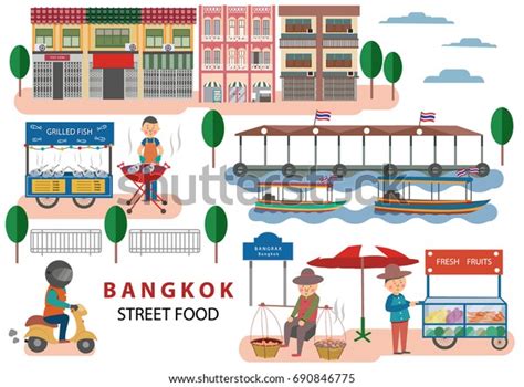 Street Food Bangkok Thailand Cartoon Flat Stock Vector (Royalty Free ...