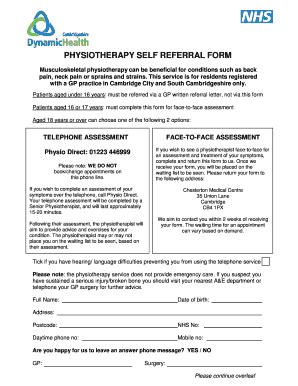 Fillable Online Physiotherapy Self Referral Form October Fax