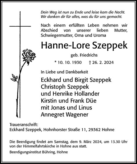 Traueranzeigen Von Hanne Lore Szeppek Trauerportal Der Celleschen Zeitung