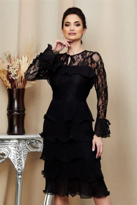 Rochie Midi Neagra Din Voal Cu Volane Rochii Voal