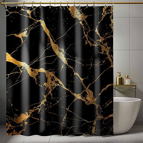 Black And Gold Marble Print Shower Curtain Modern Style Bathroom Decor