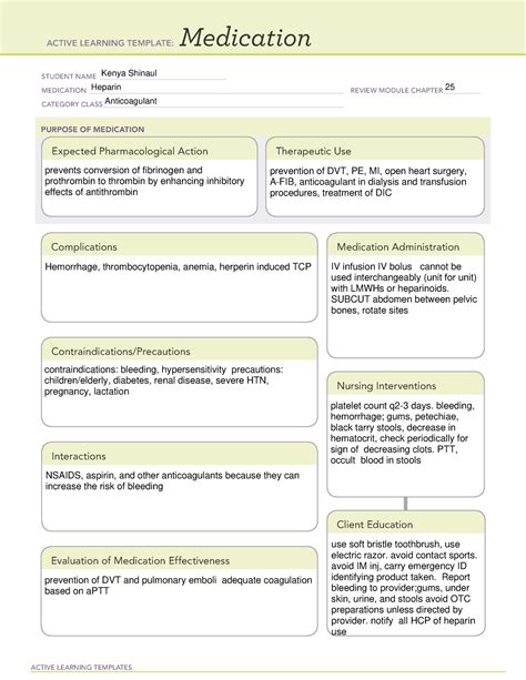 Medication Template Ati Nursing Pharmacology Review Active