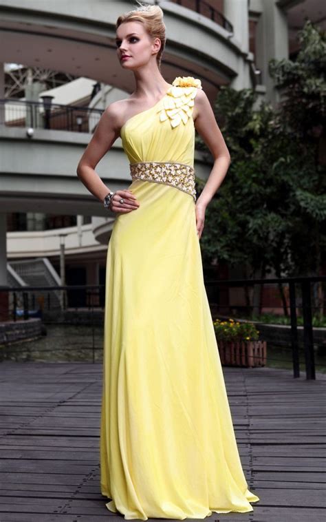 Elegant Yellow Cocktail Chiffon One Shoulder Beading Party Long Evening Gowns With Images