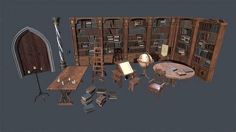 Medieval Fantasy Library Model Pack Low Poly Pbr 3d