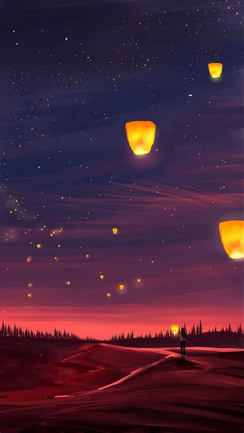 Lanterns In the Night, dark, art, lights, HD phone wallpaper | Peakpx