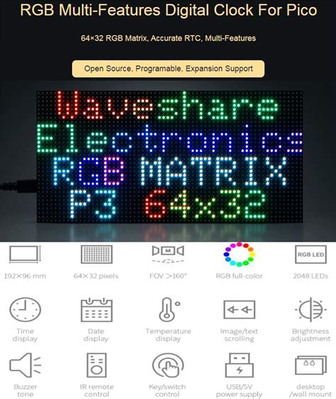 Waveshare Rgb Matrix Multi Features Digital Clock For Raspberry Pi Pico